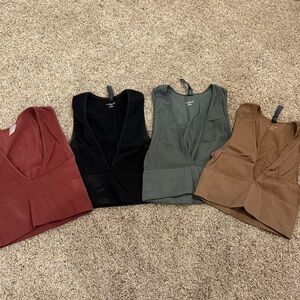 4 Pack Urban Outfitters Seamless Ribbed V-Neck Tops - Size M Rust,Olive,Black,Br